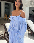 Eyelash Embroidery Blue Stripe Cold Shoulder Dress (Light Blue )