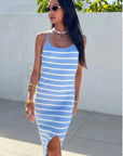 Knitted stripe print with straps design midi bodycon dress in Blue