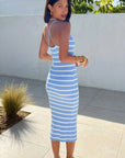 Knitted stripe print with straps design midi bodycon dress in Blue