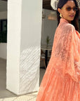 Floral Lace long blouseon sleeves design dress in Peach orange