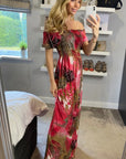 Floral print and leopard print Off Shoulder maxi dress
