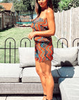 Aztec monochrome stripe print all over print cotton frill playsuits (ORANGE)