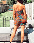 Aztec monochrome stripe print all over print cotton frill playsuits (ORANGE)