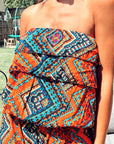 Aztec monochrome stripe print all over print cotton frill playsuits (ORANGE)