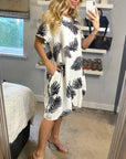multi leaves print black white contrast cotton shift dress