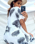 multi leaves print black white contrast cotton shift dress