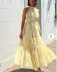 Multi floral print Organza feeling Halter neck maxi dress in yellow