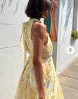 Multi floral print Organza feeling Halter neck maxi dress in yellow