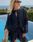 Silky satin feeling Cape sleeves design short dress in Black