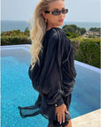 Silky satin feeling Cape sleeves design short dress in Black