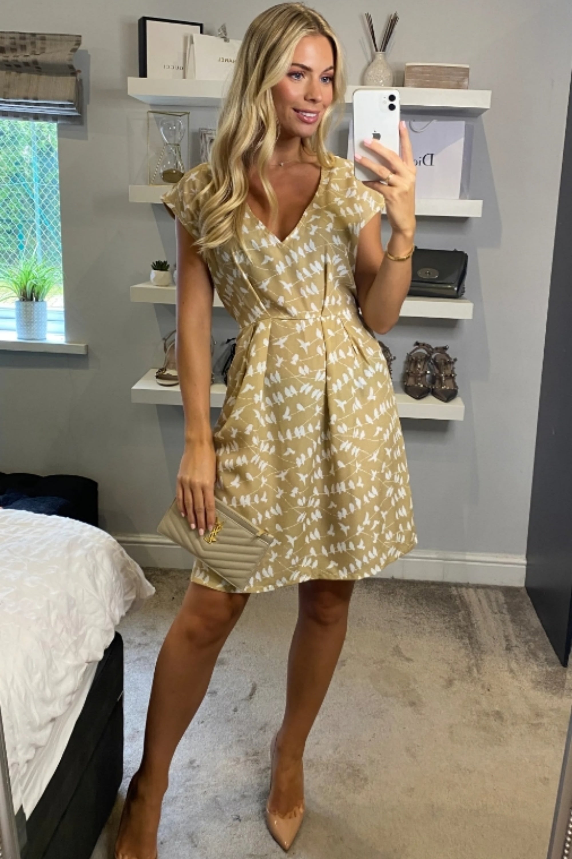 Beige Abstract Print V-Neck Skater Mini Dress