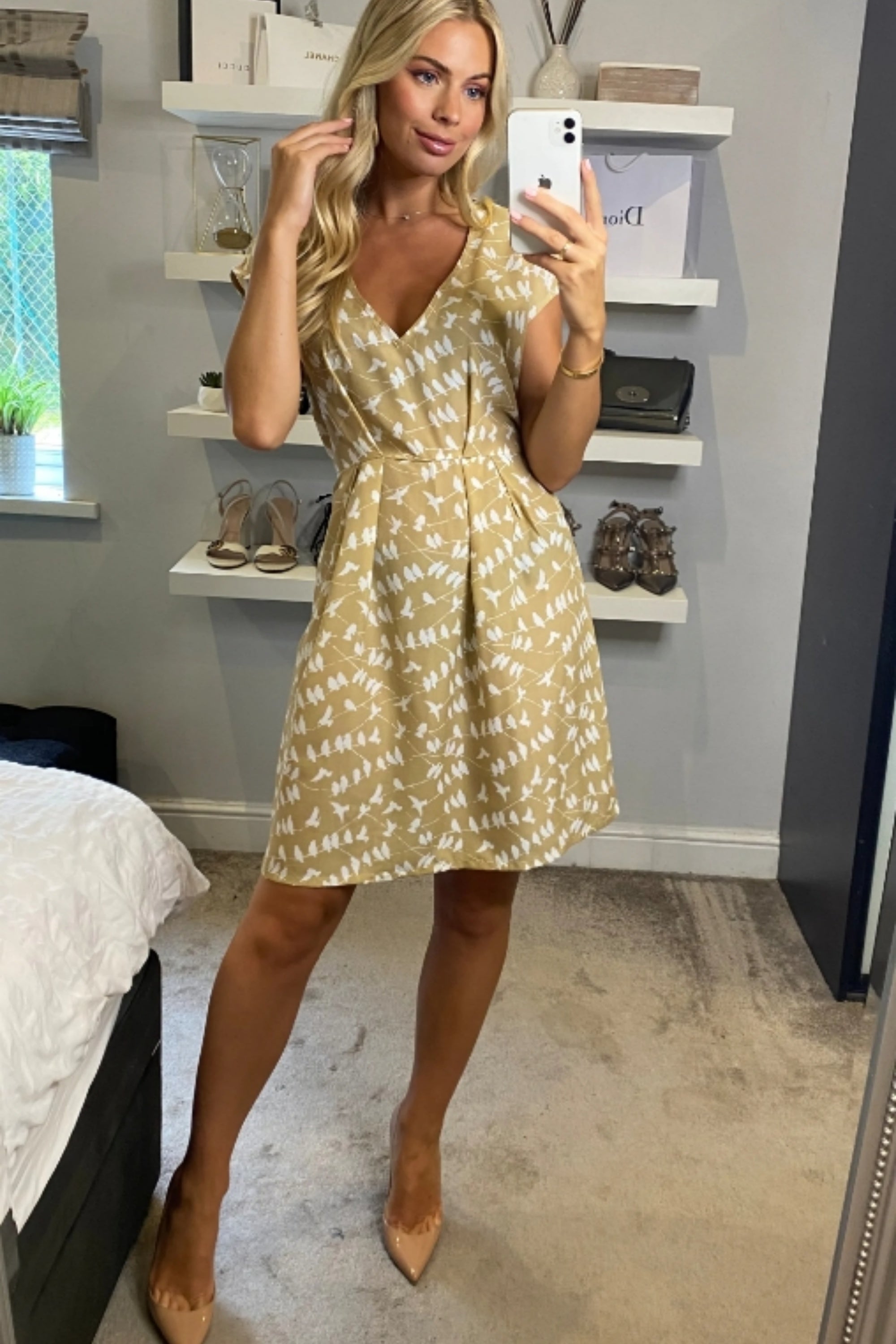 Beige Abstract Print V-Neck Skater Mini Dress