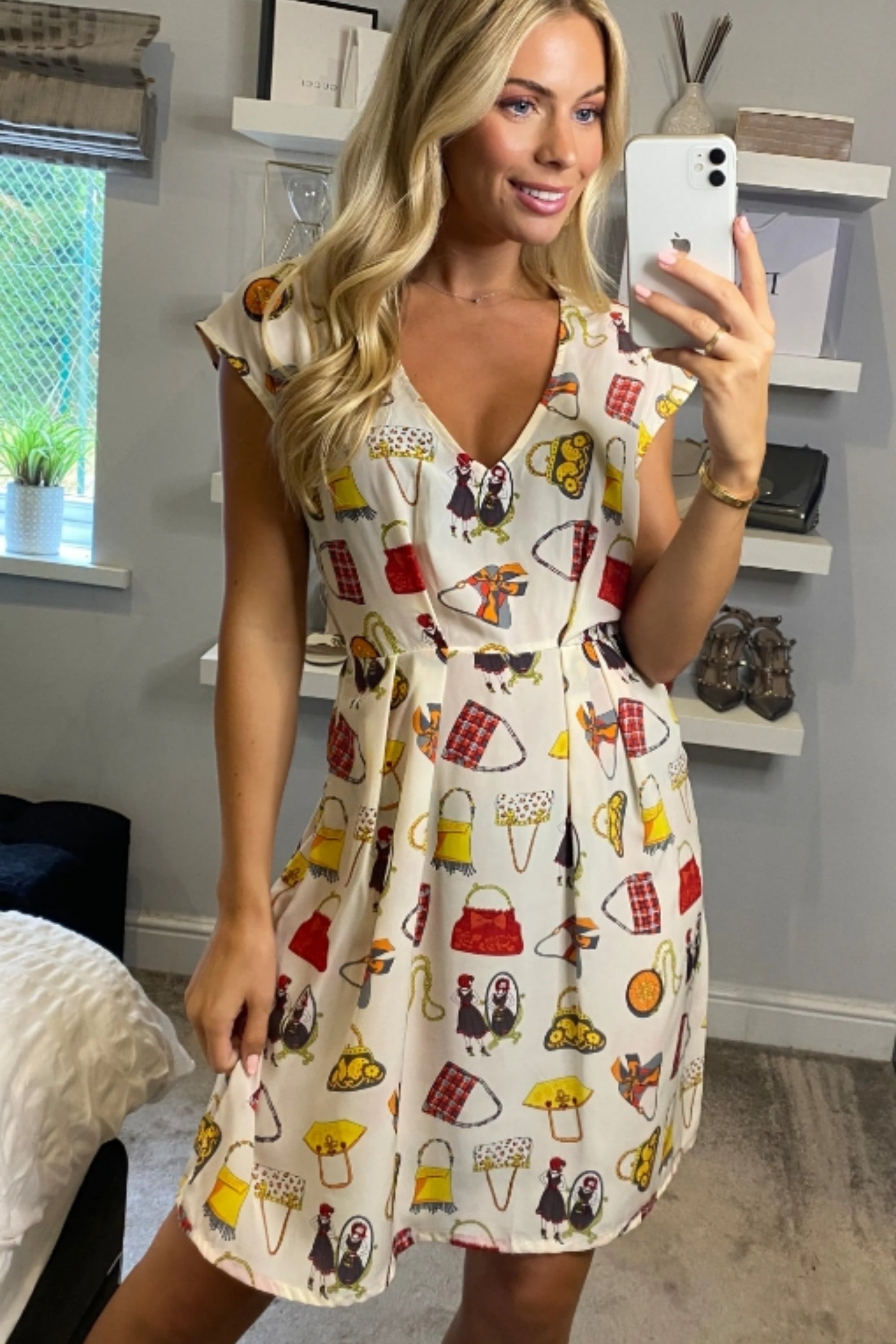 Vintage Print V-Neck Skater Mini Dress