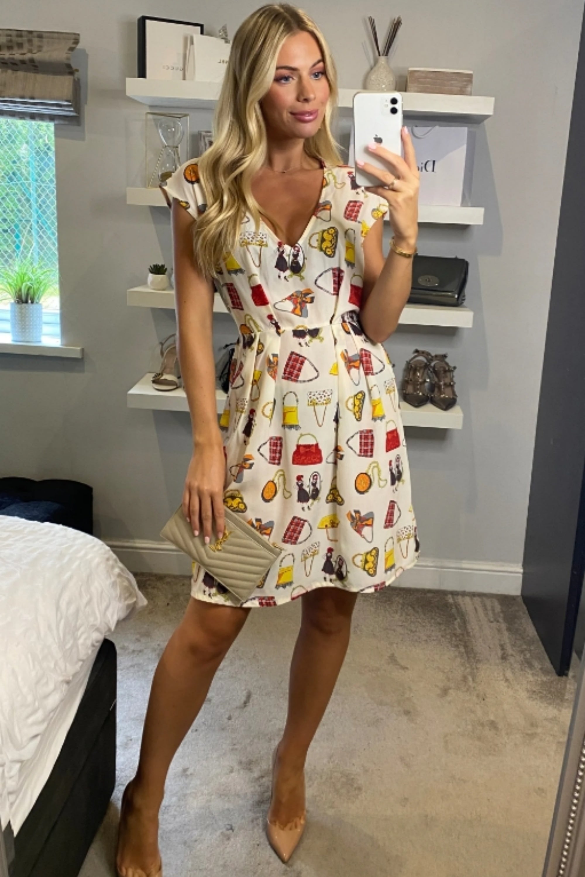 Vintage Print V-Neck Skater Mini Dress