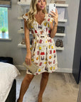 Vintage Print V-Neck Skater Mini Dress