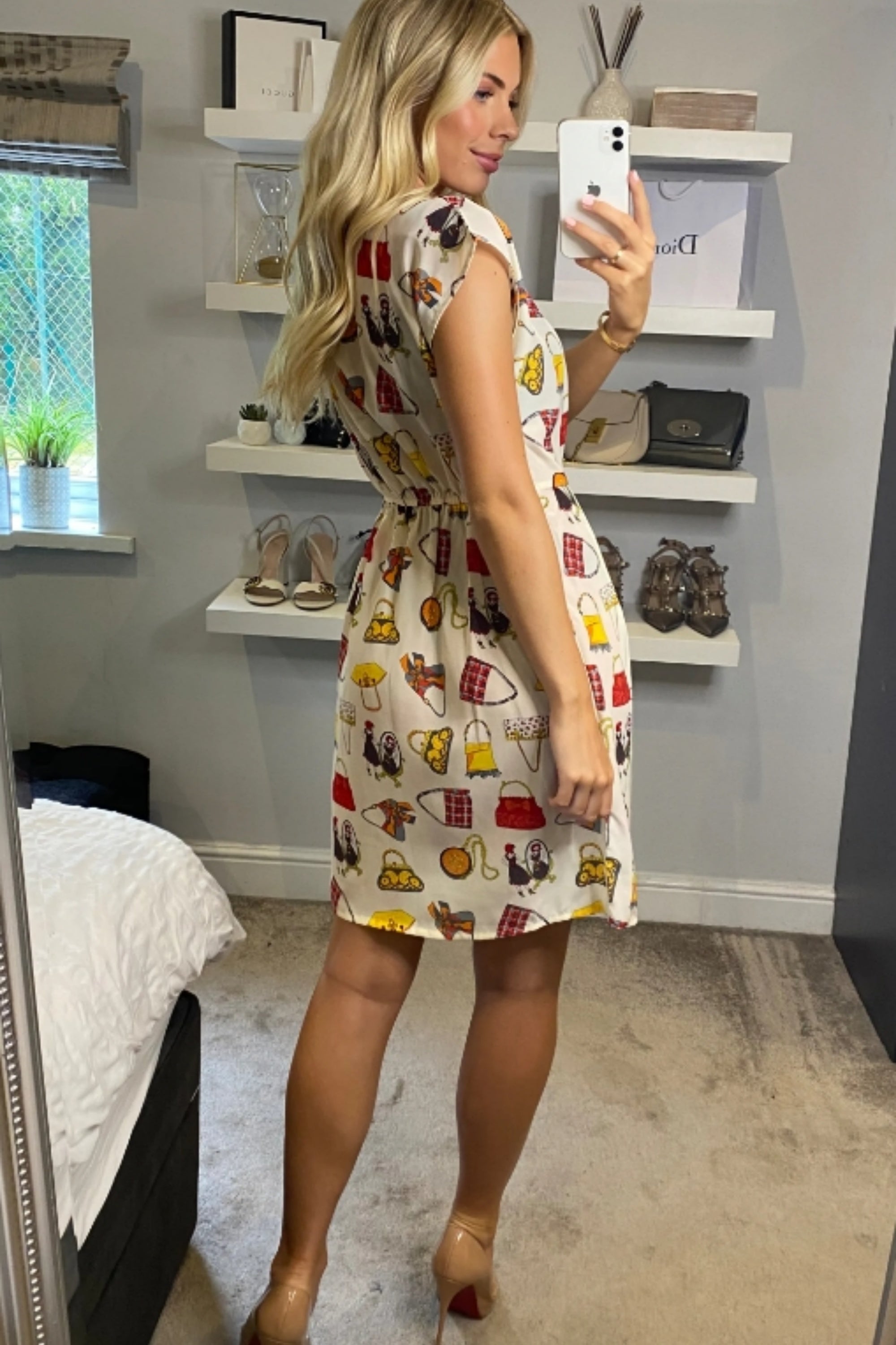Vintage Print V-Neck Skater Mini Dress