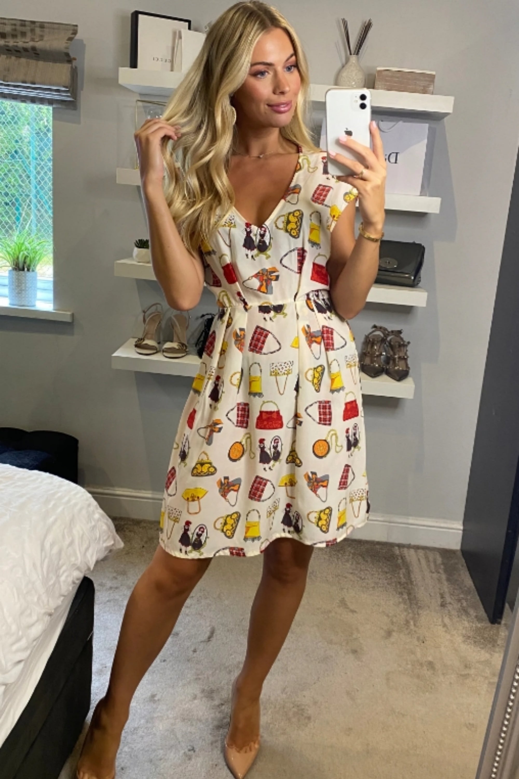 Vintage Print V-Neck Skater Mini Dress