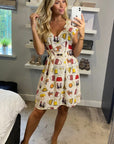 Vintage Print V-Neck Skater Mini Dress