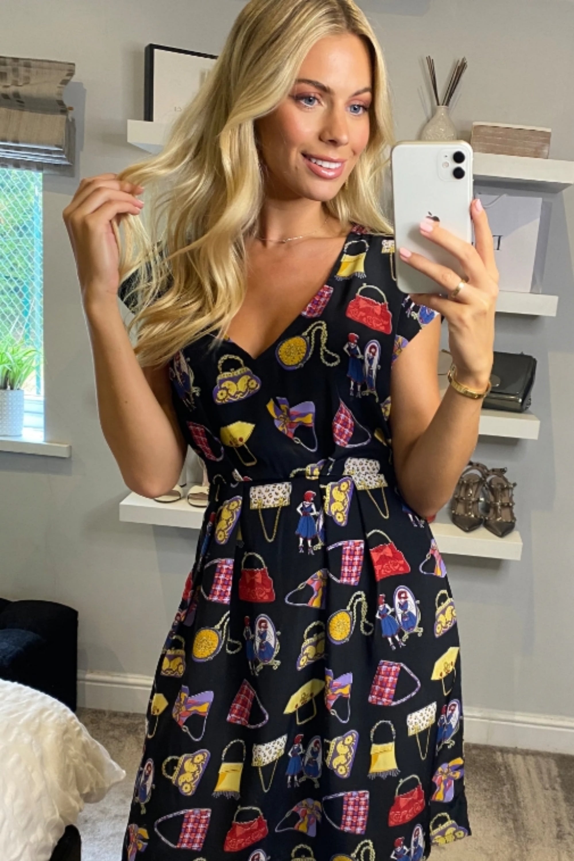 Vintage Print V-Neck Skater Mini Dress