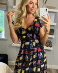 Vintage Print V-Neck Skater Mini Dress