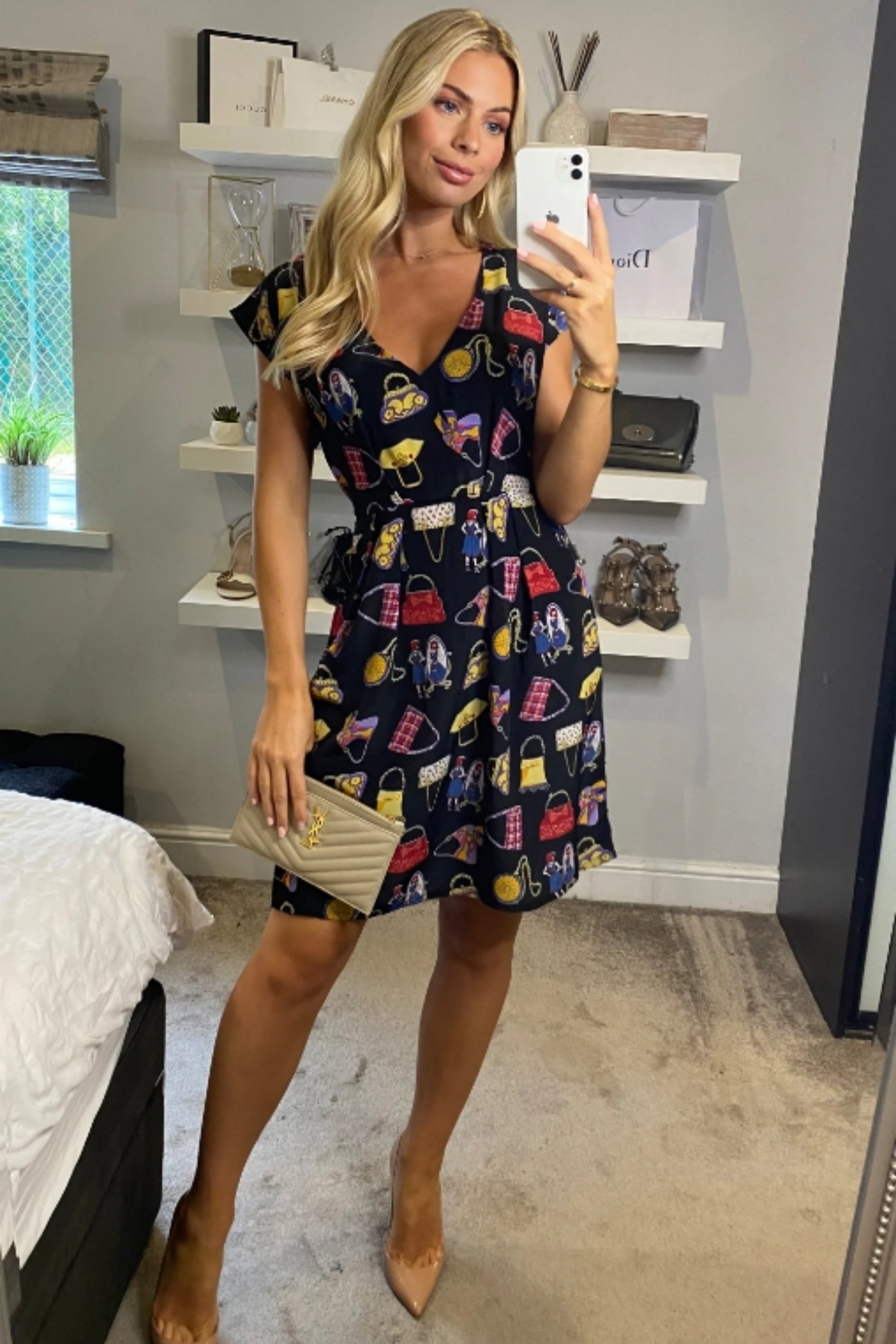 Vintage Print V-Neck Skater Mini Dress