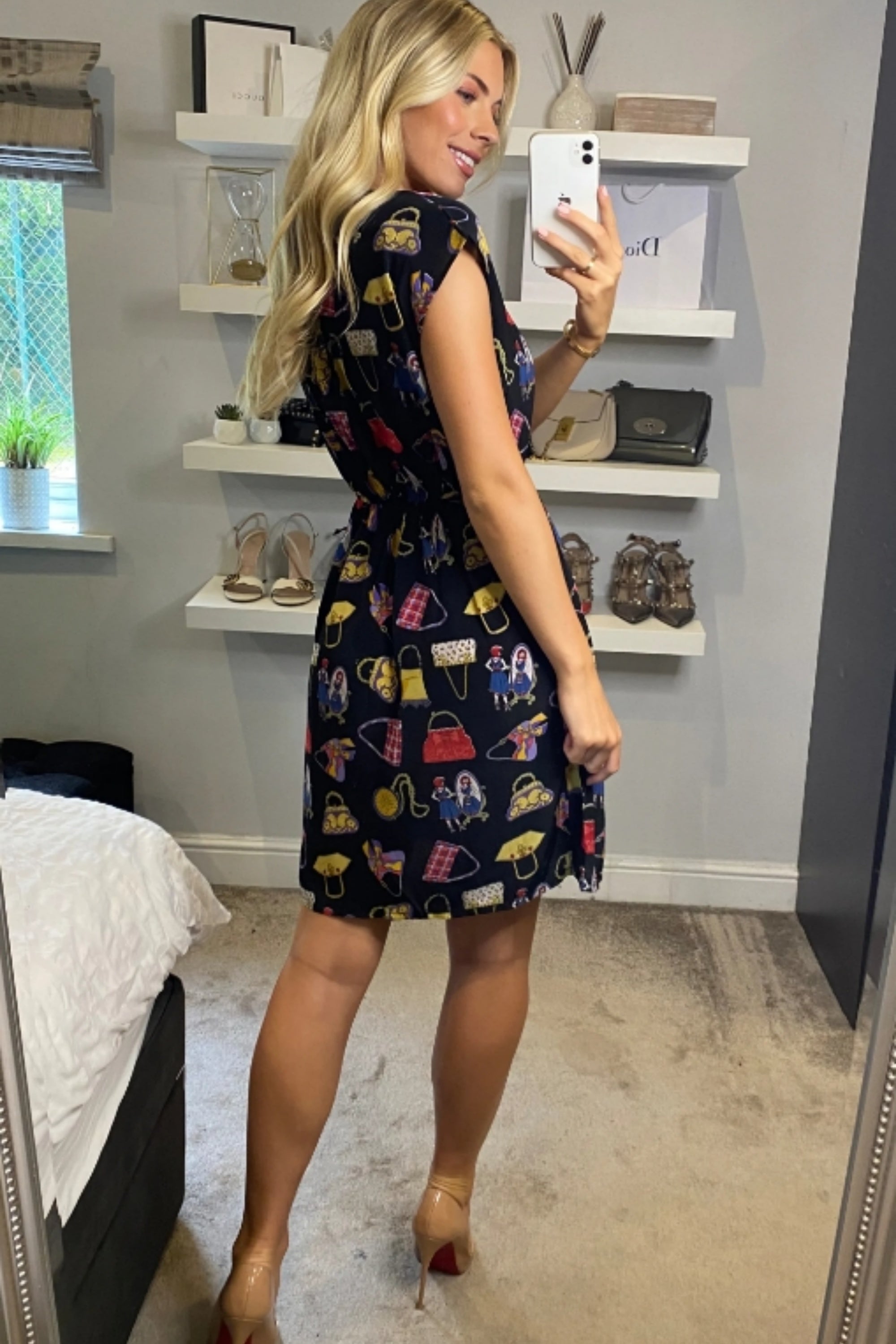 Vintage Print V-Neck Skater Mini Dress
