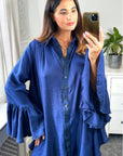 Oversized Shirt with Frilled Sleeves and Mesh Back in Blue
