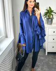 Oversized Shirt with Frilled Sleeves and Mesh Back in Blue