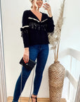 Black Cropped Cardigan with Tassel Fringe & Faux Fur