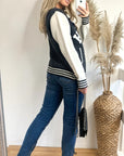 Knitted cardigan style bomber jacket with patch