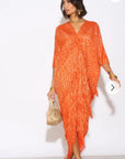 Layers Multi Fringed Tassel Pleated Midi Dress in Orange
