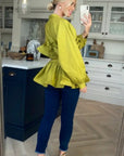 Ruffle design around chest and hem cotton shirt in green