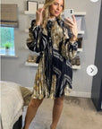 Black and Gold  Print Scarf print Full pleated Shirt dress