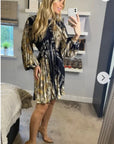 Black and Gold  Print Scarf print Full pleated Shirt dress