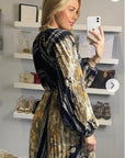 Black and Gold  Print Scarf print Full pleated Shirt dress