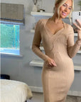 Soft Knitted Ribbed Midi Bodycon front twist design Dress In Beige