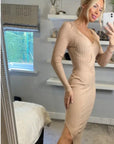 Soft Knitted Ribbed Midi Bodycon front twist design Dress In Beige