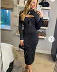 Lace up and cut out design Metallic midi bodycon dress in Black