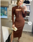 Lace up and cut out design Metallic midi bodycon dress in Brown