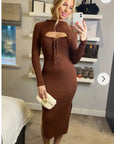 Lace up and cut out design Metallic midi bodycon dress in Brown