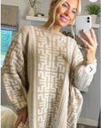 Fine knit oversized jumper with monogrammed pattern design in Beige and White