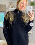 Gold Sliver Mix sequin embellished front and sleeves design jumper in black