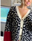 Leopard pattern design oversized cardigan with red hem