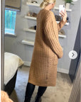 Cable knit design wool-blended long oversized cardigan in Beige