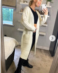 Cable knit design wool-blended long oversized cardigan in White