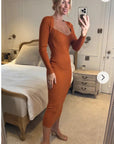 Soft Knitted Ribbed Midi Bodycon Dress Long Sleeve In Brown