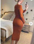 Soft Knitted Ribbed Midi Bodycon Dress Long Sleeve In Brown
