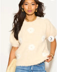 Floral Pattern Embroidered Soft knit Short Sleeves Jumper in Beige