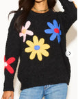 Floral Pattern Embroidered Soft knit Long Sleeves Jumper in black