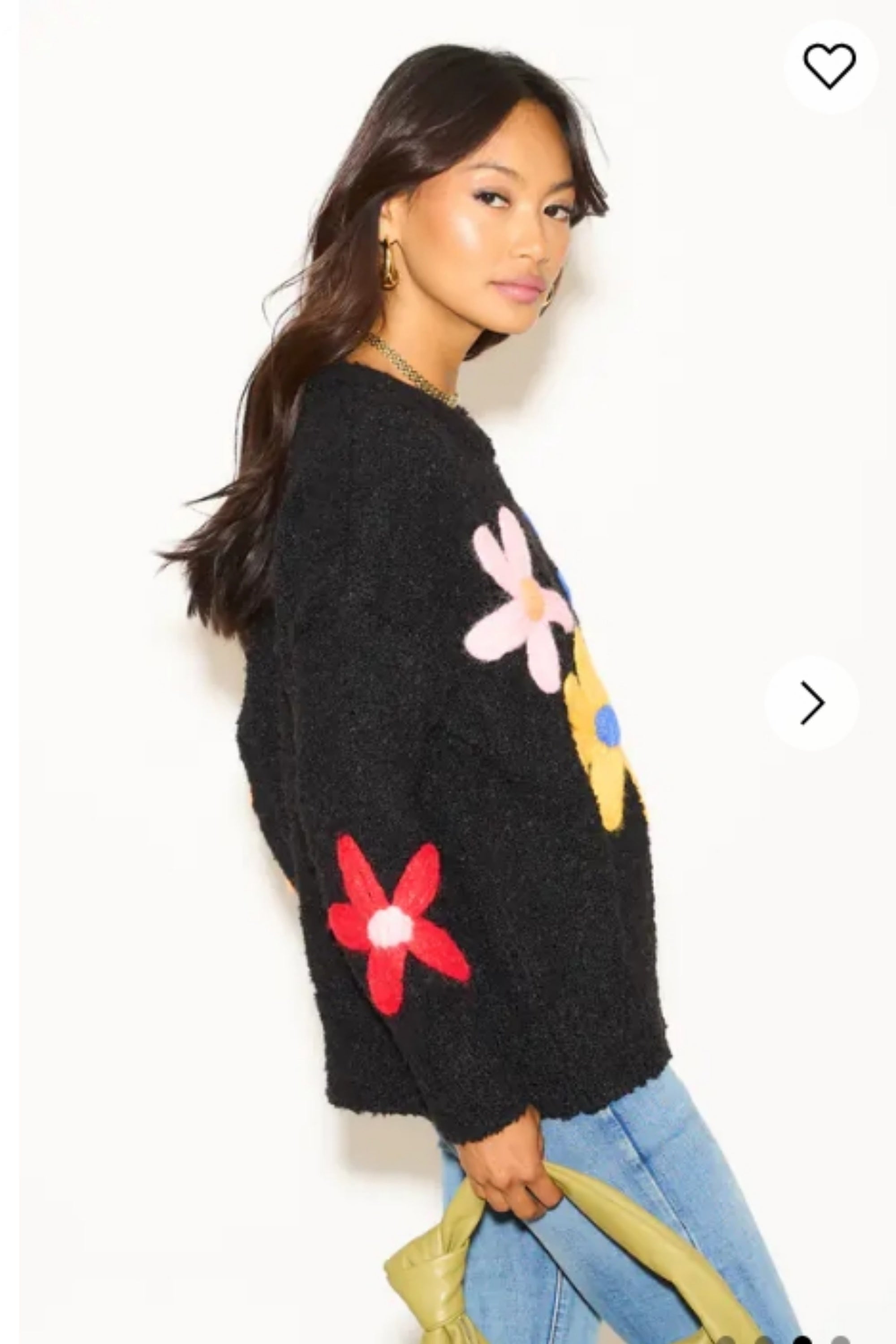 Floral Pattern Embroidered Soft knit Long Sleeves Jumper in black